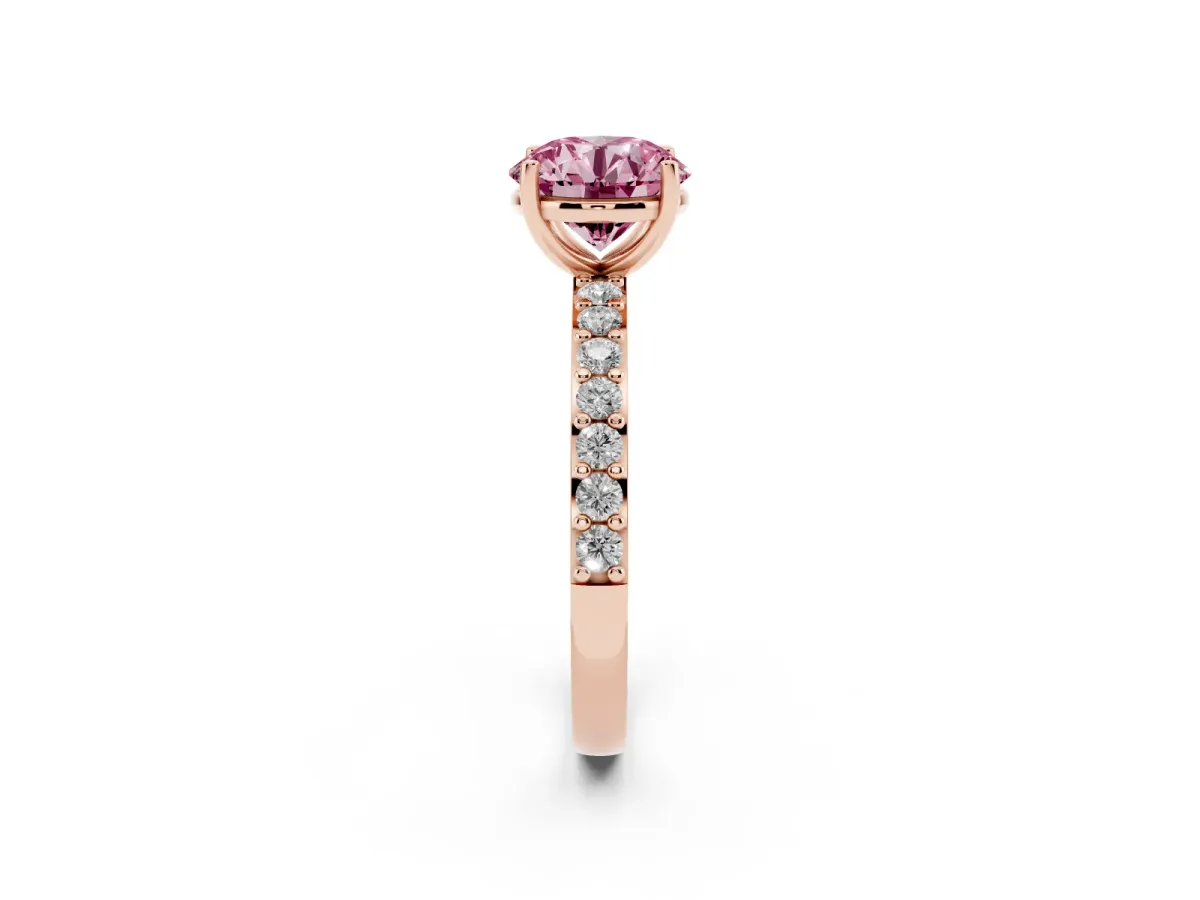 Fancy Pink Round Cut Cut Diamond Solitaire with Pave Band and Four-Prong Setting Rose gold