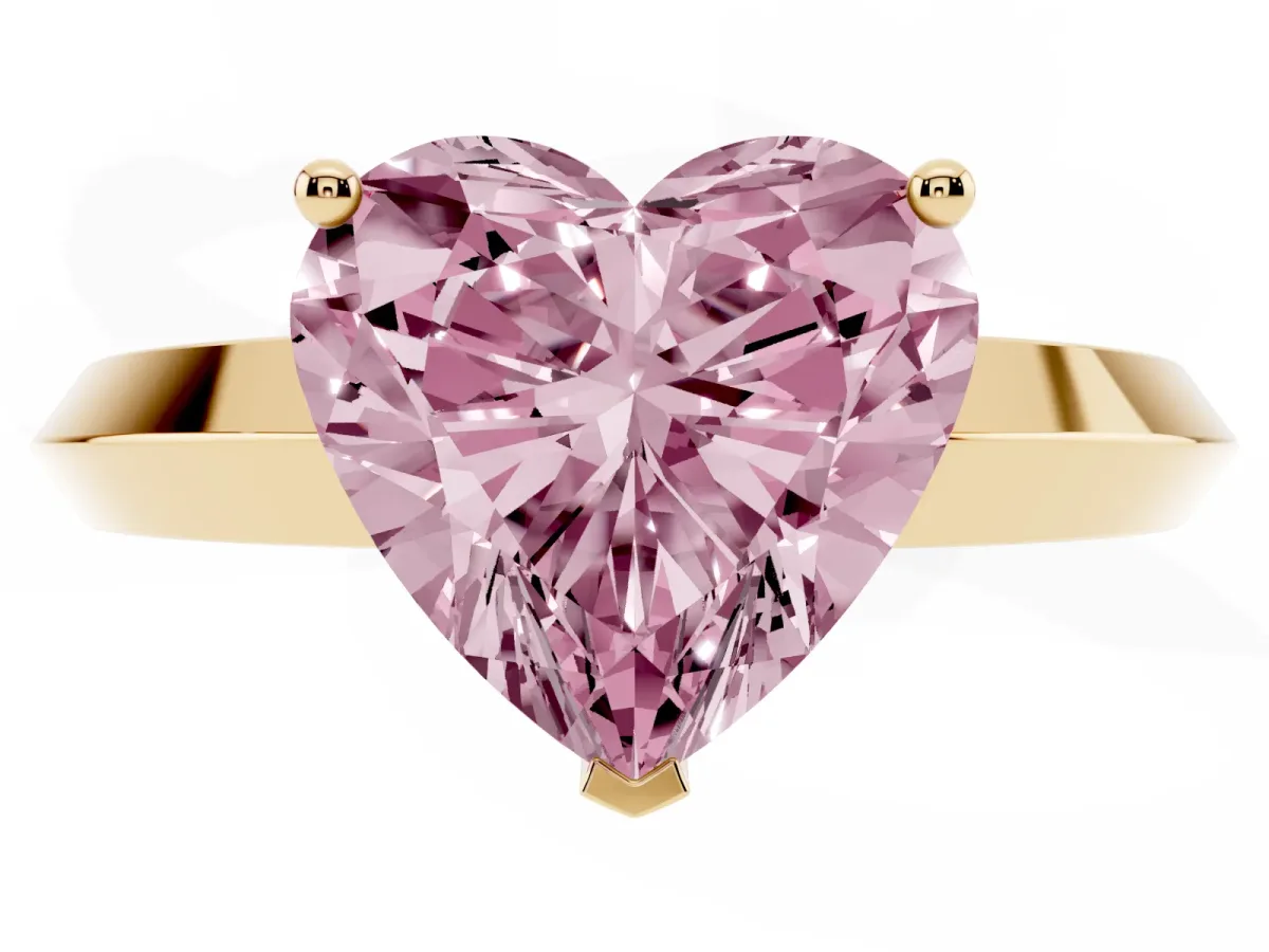 Fancy Pink Heart Cut Cut Solitaire Engagement Ring with Flat Band and Four-Prong Setting Yellow gold