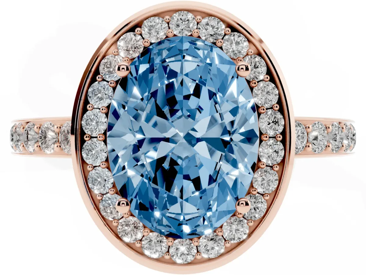Fancy Blue Oval Cut Diamond Halo Ring with Bezel Frame and Pavé Band Rose gold