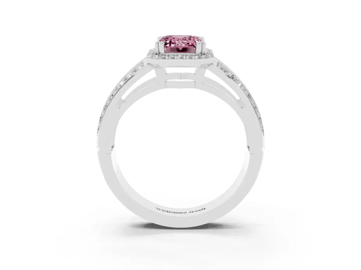 Fancy Pink Emerald Cut Diamond Halo Ring with Split Shank Pavé Band and Four-Prong Setting White gold