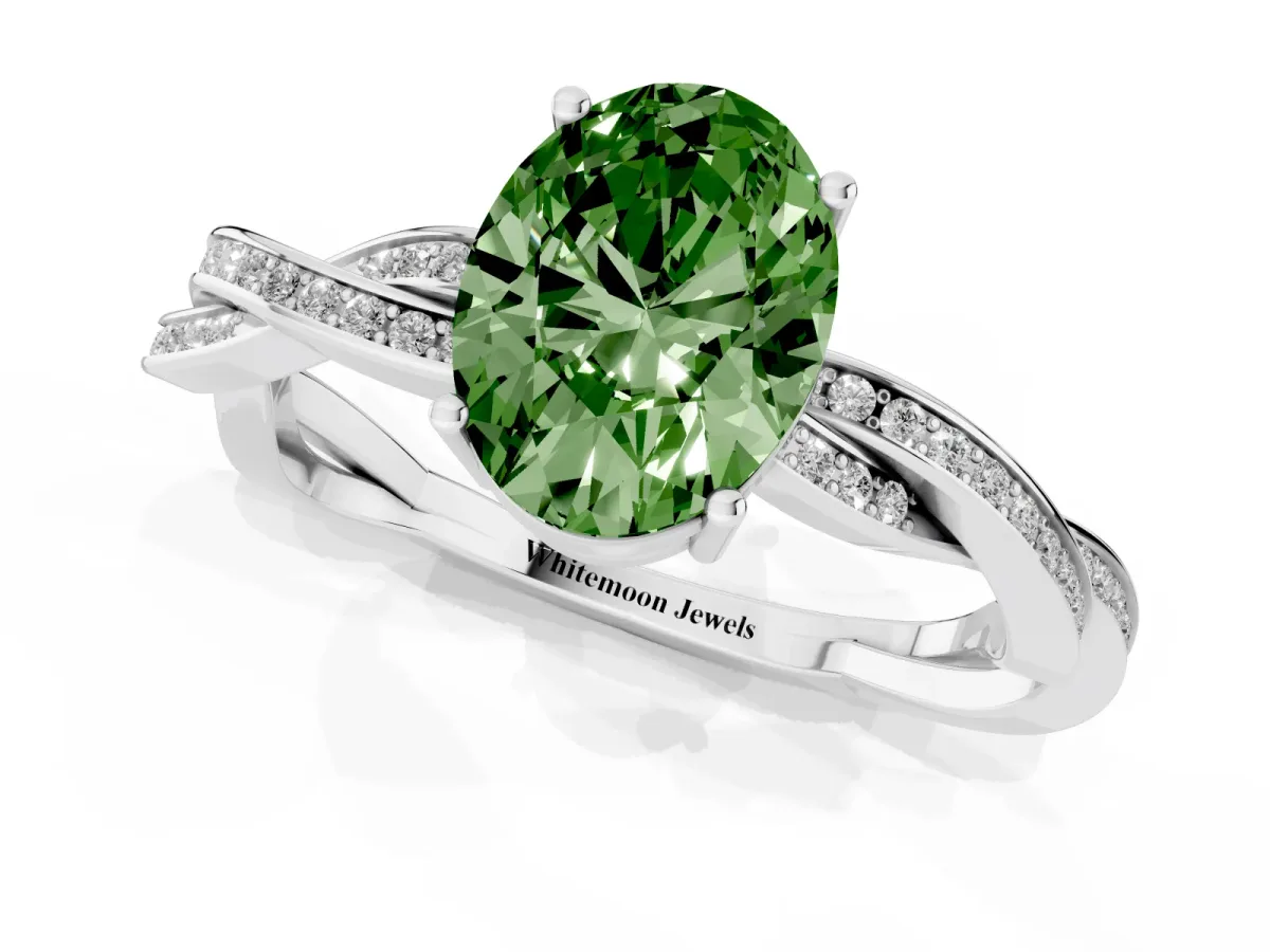 Fancy Green Oval Cut Solitaire Twisted Pave Diamond Ring with Four-Prong Setting Silver