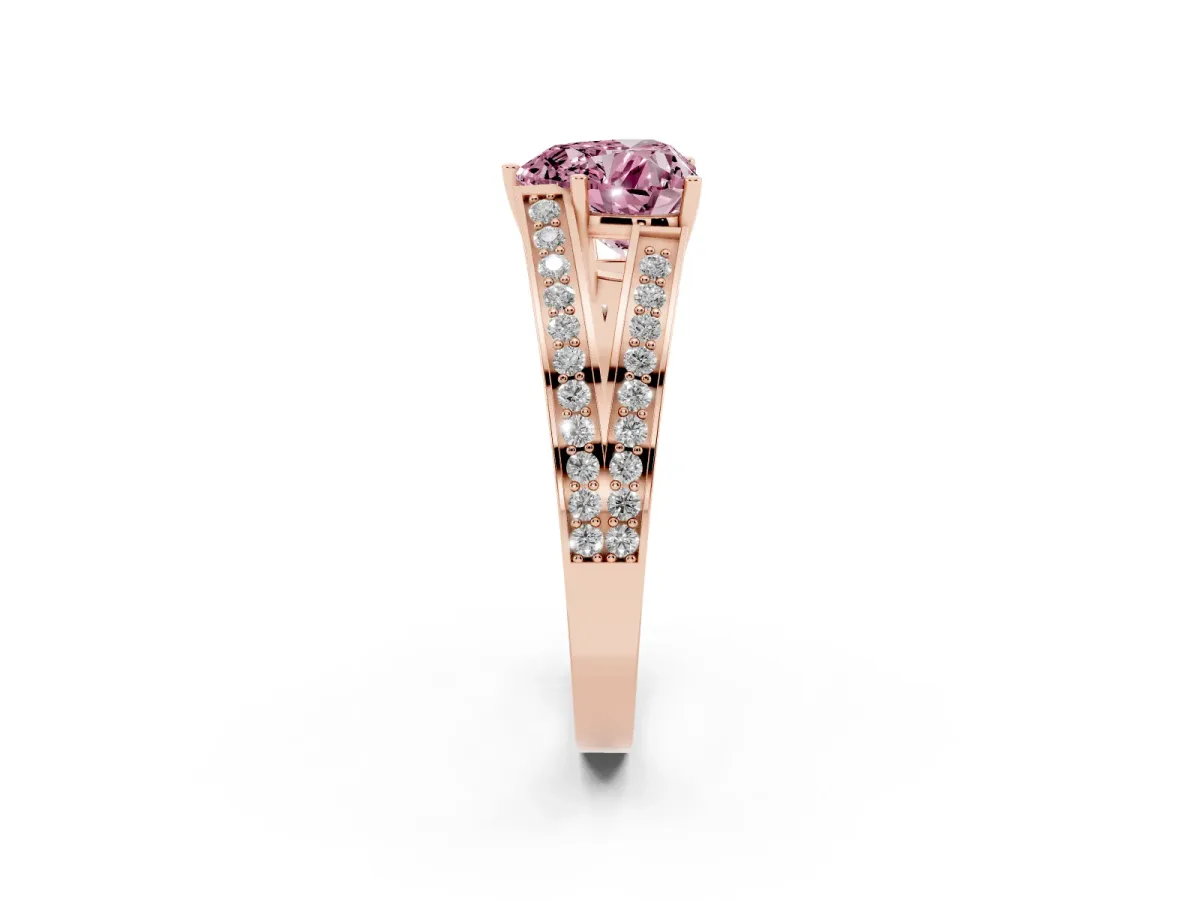 Fancy Pink Heart Cut Diamond Split Shank Ring with Pavé Band and Four-Prong Setting Rose gold