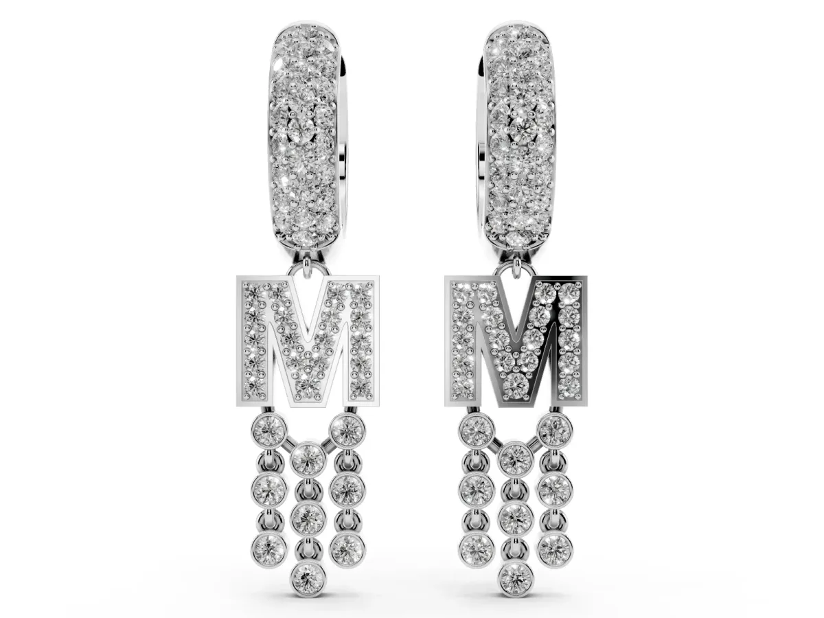 Round Diamond Initial M Huggie Hoop Earrings Silver