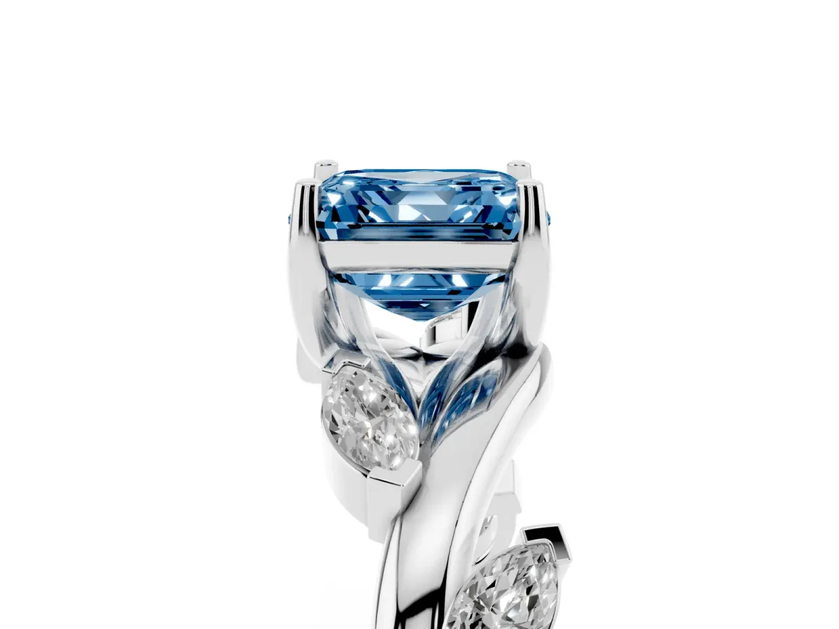 Fancy Blue Asscher Cut Solitaire Twisted Band Marquise Accent Prong Setting Ring Silver