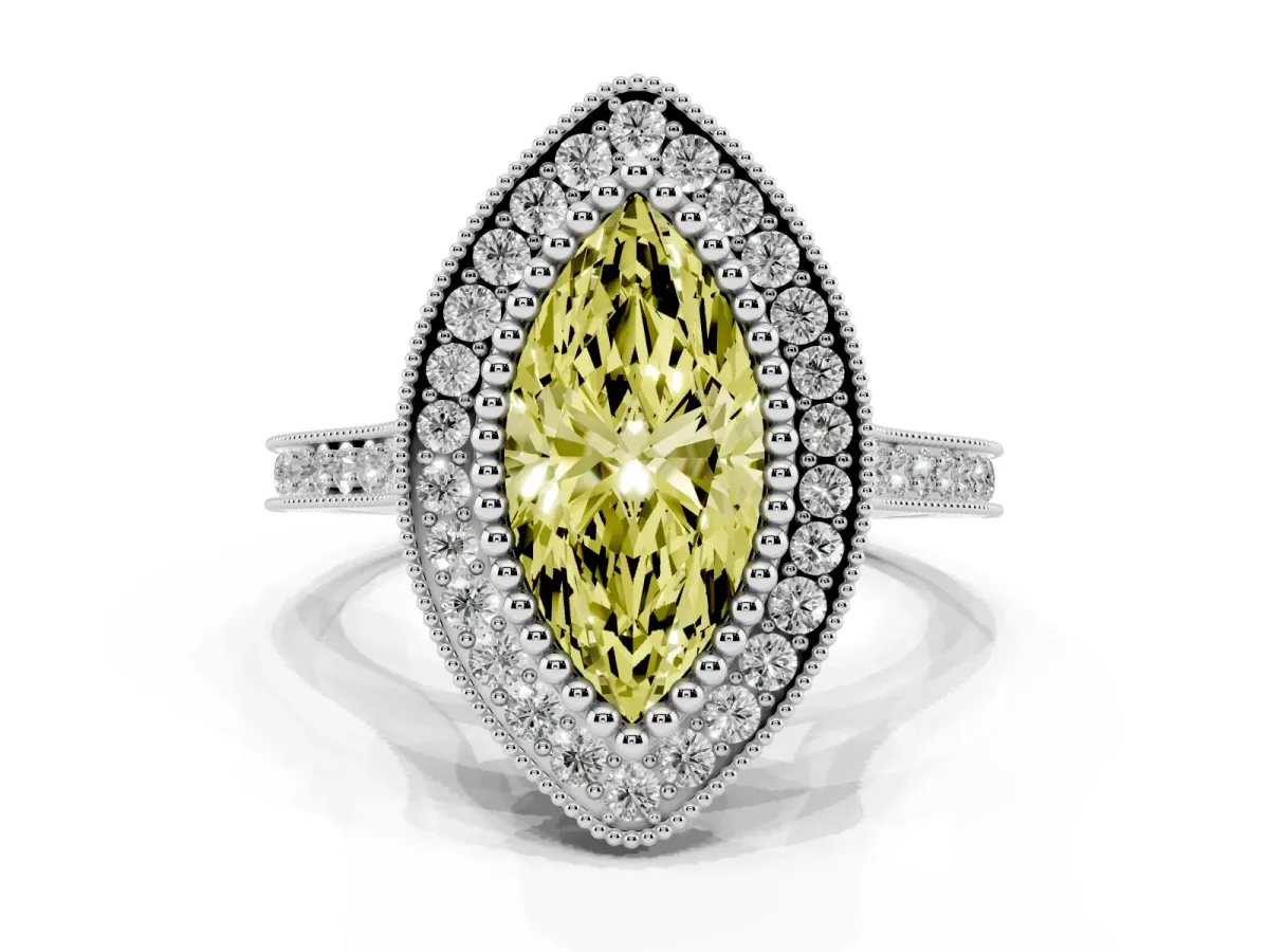 Fancy Yellow Marquise Cut Diamond Halo Ring with Milgrain Frame and Pavé Band Silver