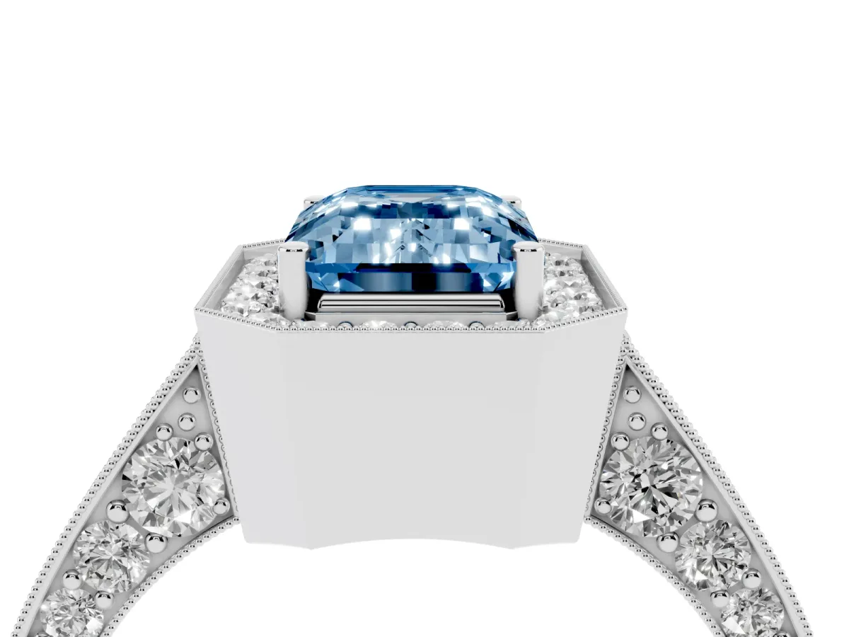 Fancy Blue Emerald Cut Halo Diamond Engagement Ring with Split Shank Band and Four-Prong Setting Silver