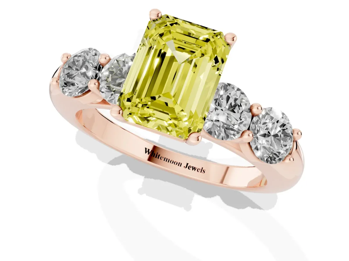 Fancy Yellow Emerald Cut Cut Five-Stone Prong Set Diamond Ring with Classic Band Rose gold