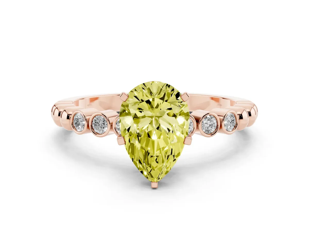 Fancy Yellow Pear Cut Solitaire Bezel Accent Diamond Engagement Ring with Beaded Band and Four-Prong Setting Rose gold