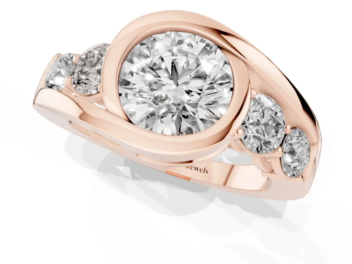 Bezel Set Round Cut Diamond Bypass Ring with Round Accents Rose gold