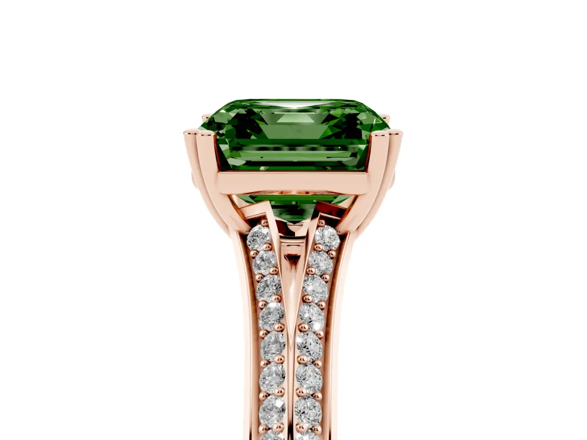Fancy Green Asscher Cut Diamond Split Shank Engagement Ring with Pavé Band Rose gold