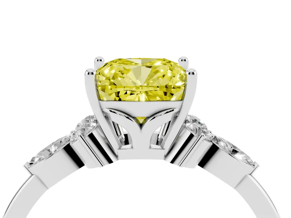 Fancy Yellow Cushion Cut Brilliant Diamond Solitaire Ring with Pear Side Stones and Four-Prong Setting Platinum