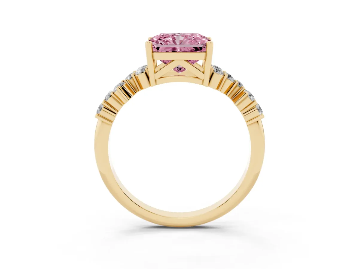 Fancy Pink Radiant Cut Diamond Scattered Round Accent Ring with Prong Setting Yellow gold