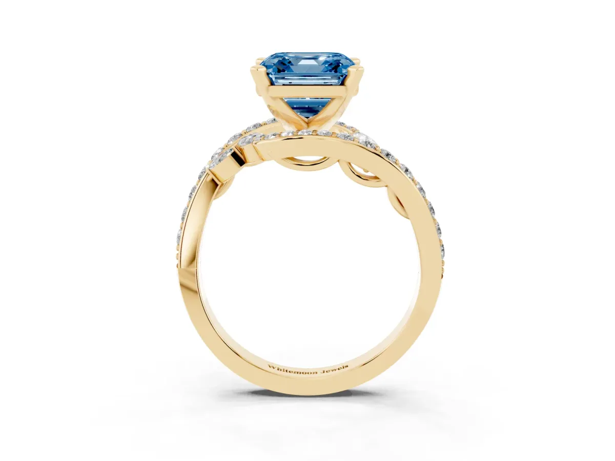 Fancy Blue Asscher Cut Solitaire with Pavé Twist Band and Four-Prong Setting Yellow gold