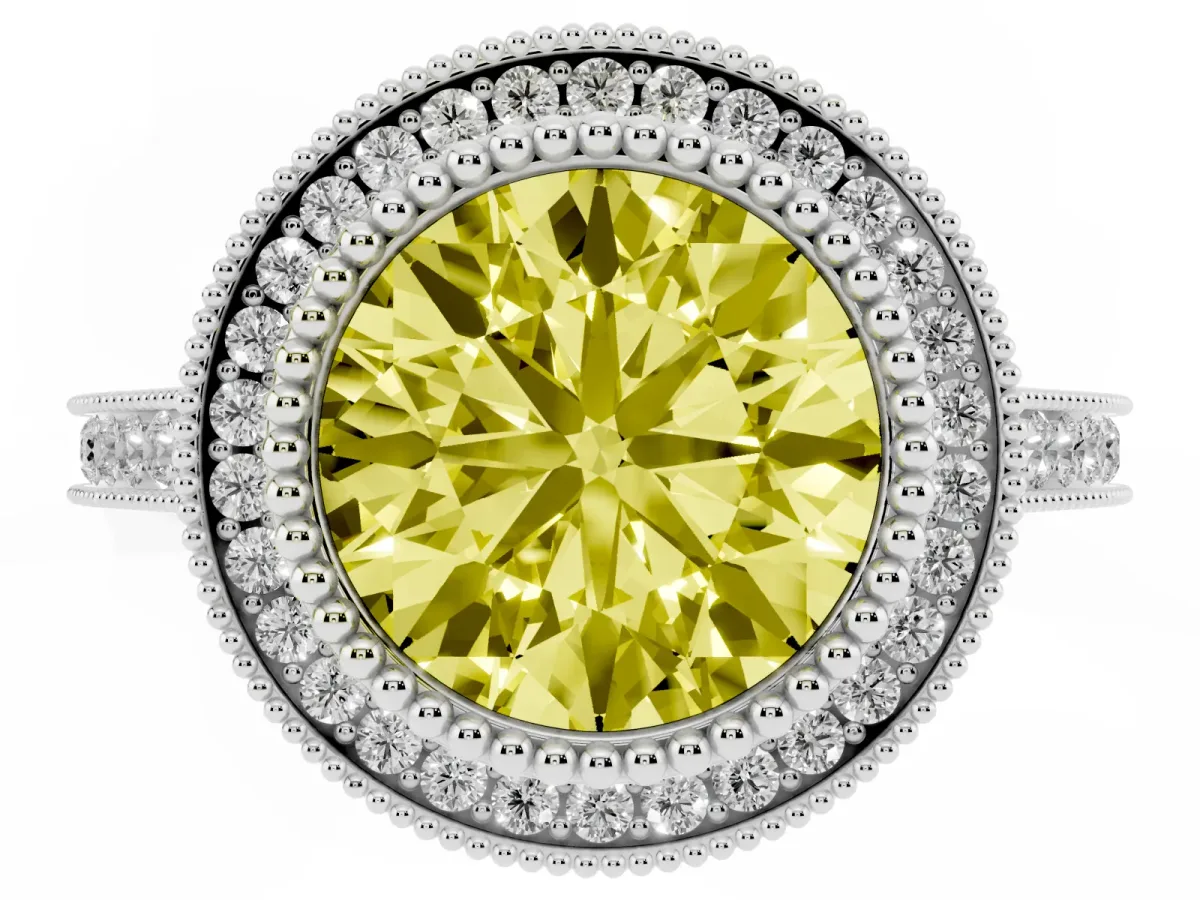 Fancy Yellow Round Cut Diamond Halo Ring with Milgrain Frame and Pavé Band Silver
