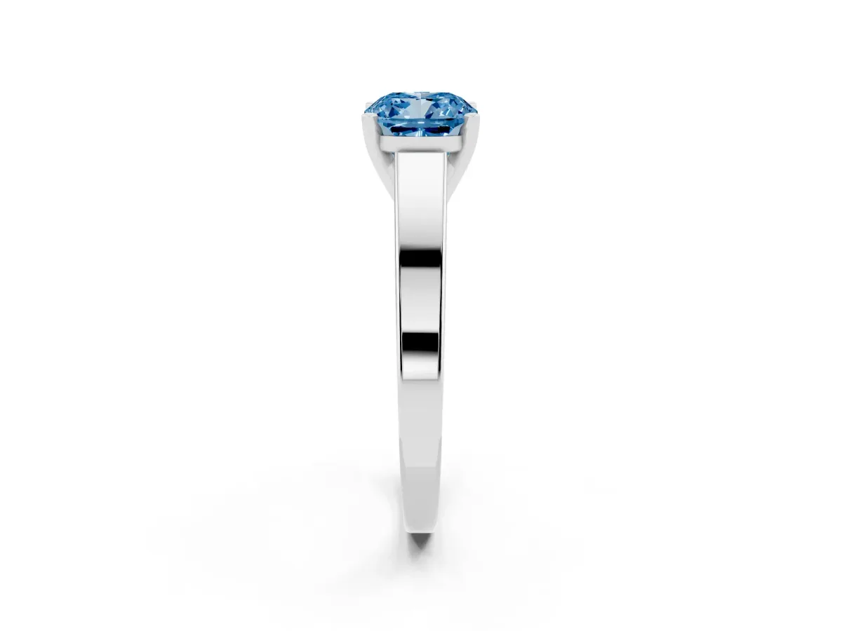 Fancy Blue Cushion Cut Solitaire Engagement Ring with Four-Prong Setting and Tapered Band Silver