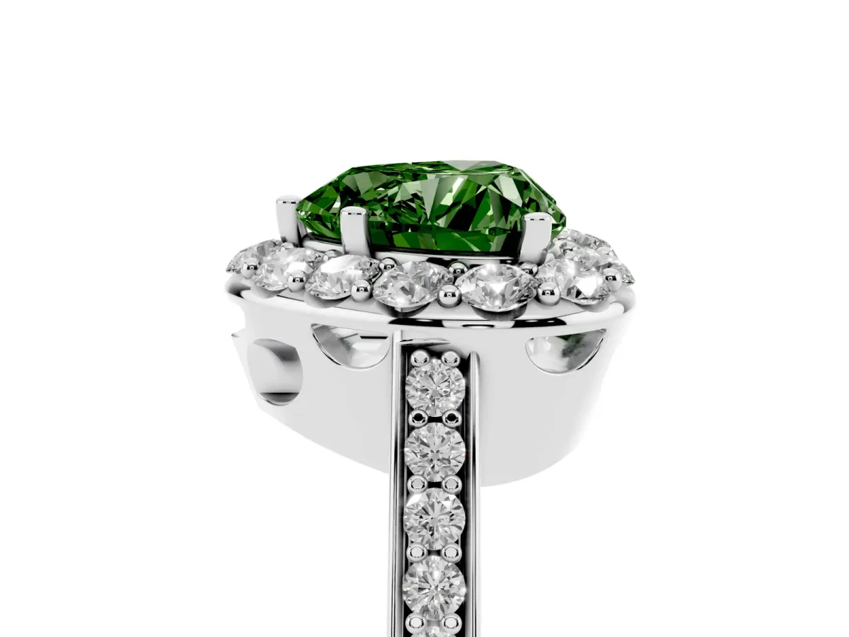 Fancy Green Heart Cut Diamond Floral Halo Ring with Pavé Band and Prong Setting Platinum