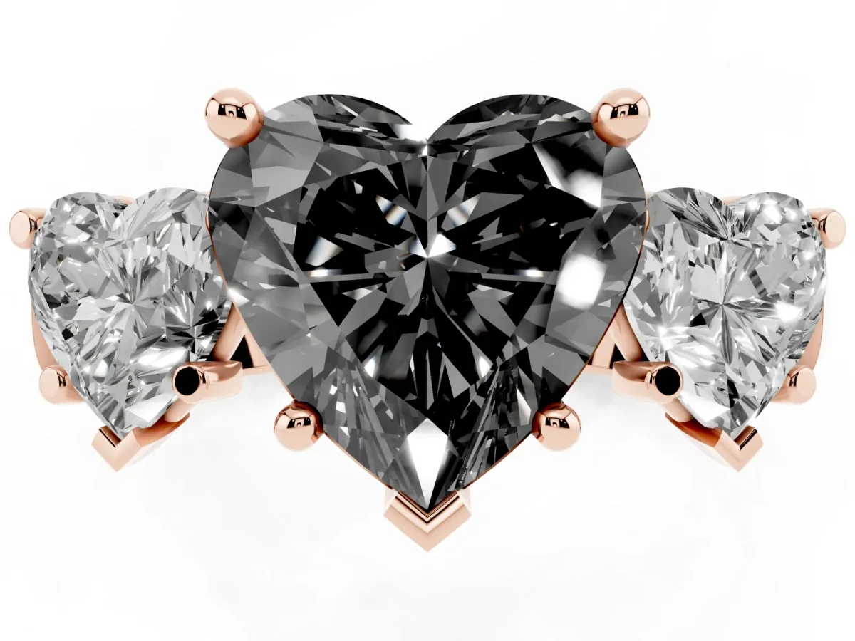 Fancy Black Three-Stone Heart Cut Brilliant Diamond Trellis Ring with Comfort Fit Band Rose gold