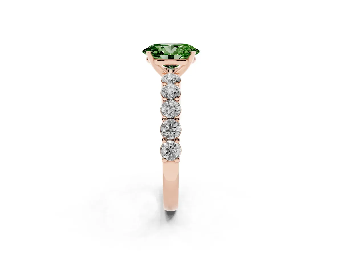Fancy Green Oval Cut Diamond Solitaire Ring with Shared Prong Round Side Stones Rose gold
