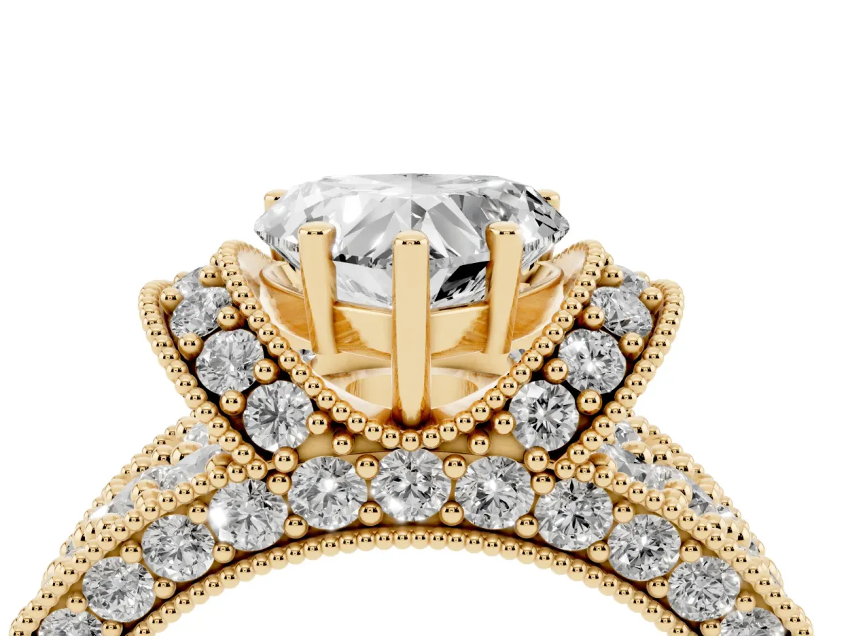 Heart Cut Halo Pave Diamond Engagement Ring with Milgrain Detailing Yellow gold