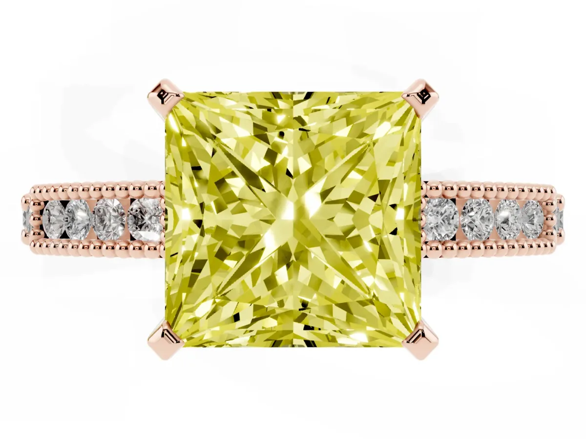 Fancy Yellow Princess Cut Solitaire with Pavé Band and Four-Prong Setting Rose gold