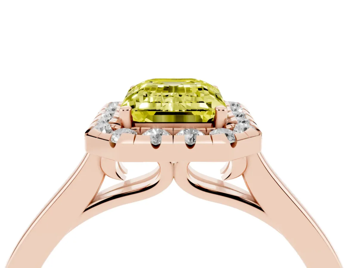 Fancy Yellow Emerald Cut Halo Round Diamond Solitaire Ring with Pavé Band and Four-Prong Setting Rose gold