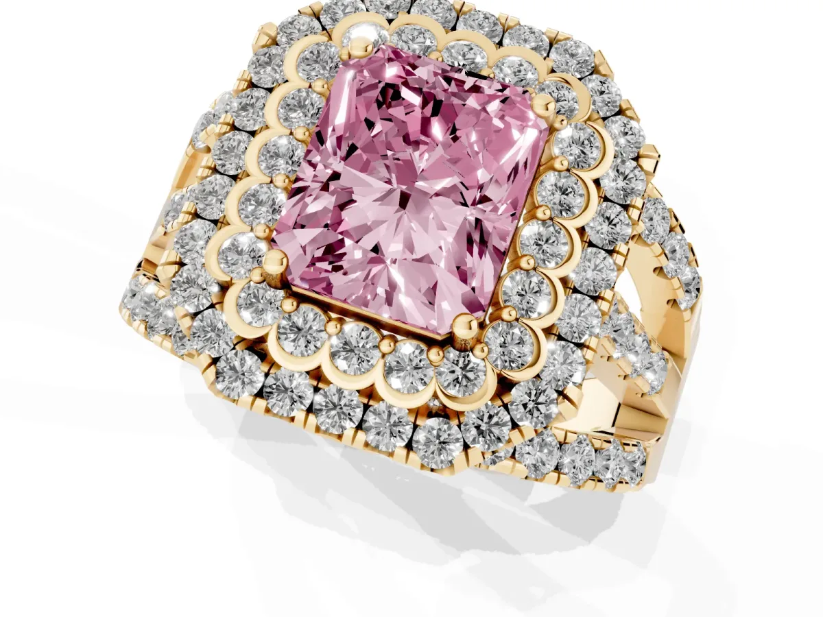 Fancy Pink Radiant Cut Diamond Double Halo Ring with Round Pavé Split Shank and Prong Setting Yellow gold
