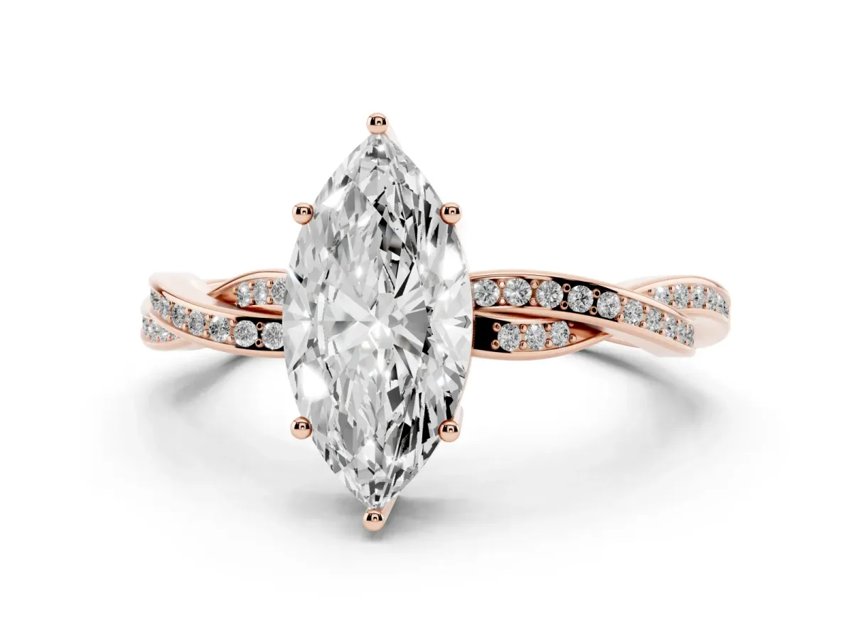 Marquise Cut Solitaire Twisted Pave Diamond Ring with Four-Prong Setting Rose gold