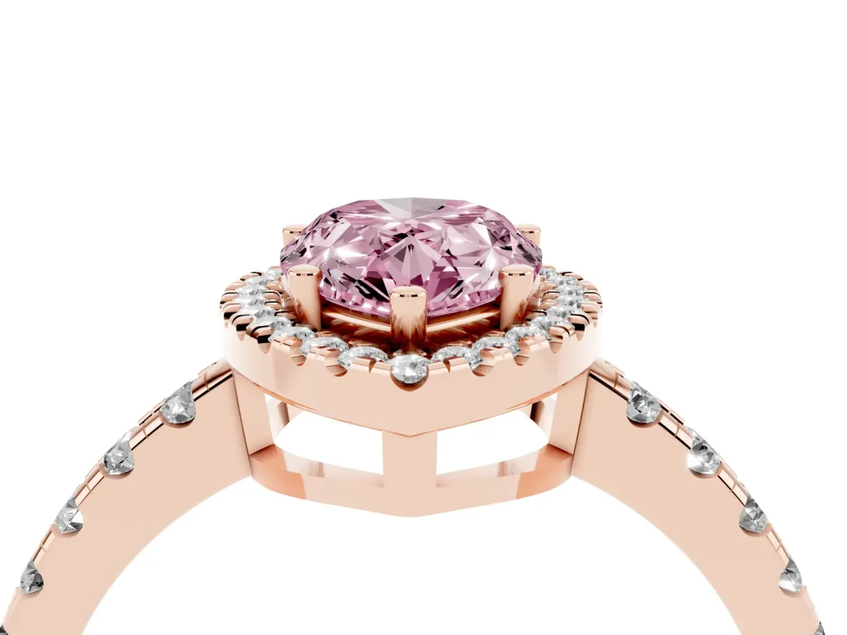 Fancy Pink Pear Cut Diamond Halo Ring with Pavé Band and Four-Prong Setting Rose gold
