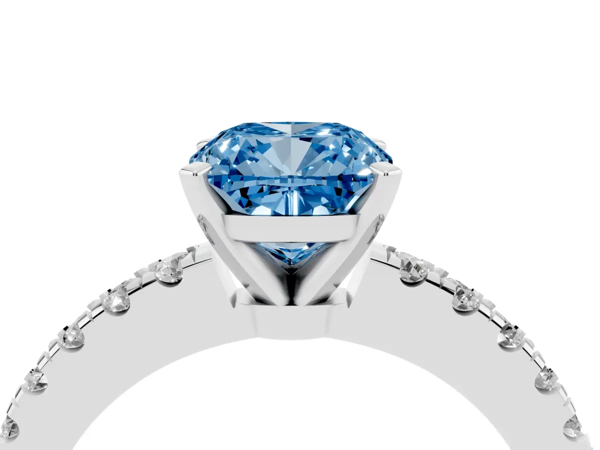 Fancy Blue Cushion Cut Solitaire Diamond with Pavé Band and Four-Prong Setting Silver