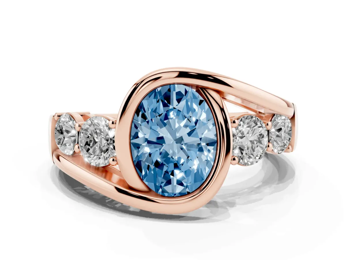 Fancy Blue Bezel Set Oval Cut Diamond Bypass Ring with Round Accents Rose gold