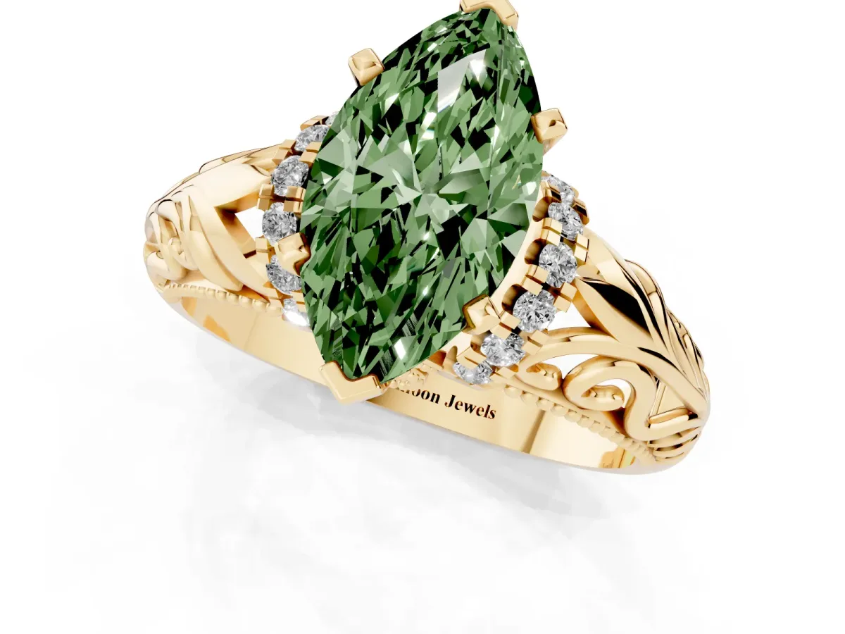 Fancy Green Marquise Cut Solitaire Filigree Engagement Ring with Halo and Prong Setting Yellow gold