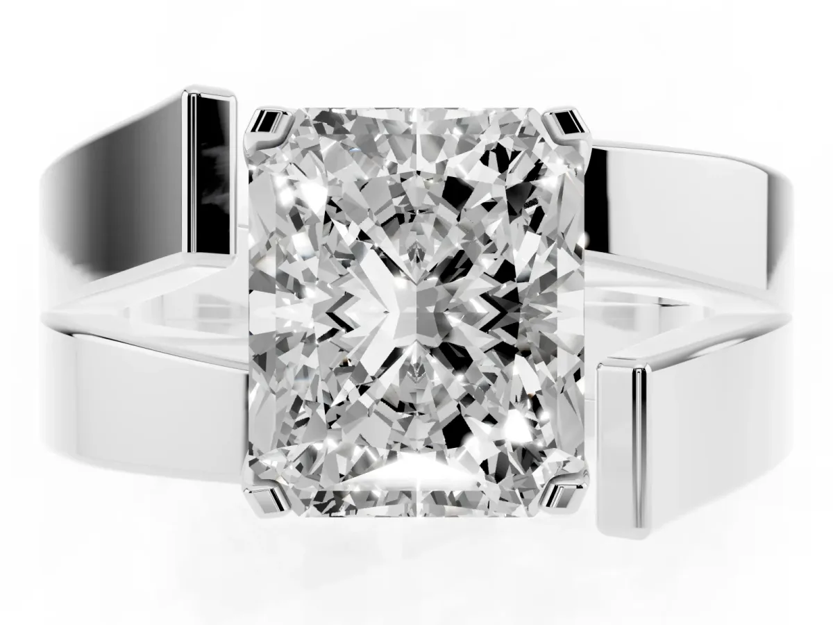 Modern Tension Set Radiant Cut Diamond Solitaire Wide Band Ring Silver