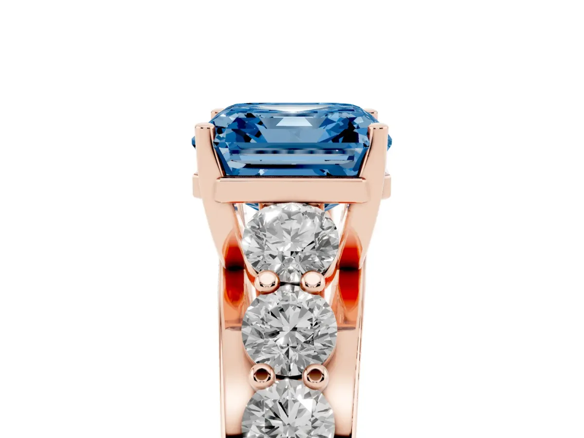 Fancy Blue Asscher Cut Diamond Engagement Ring with Pavé Band and Four-Prong Setting Rose gold