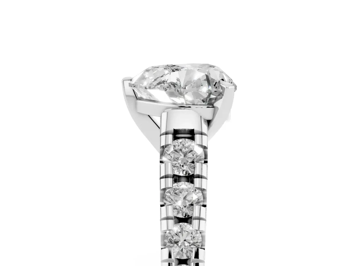 Heart Cut Diamond Cathedral Solitaire Ring with Round Pavé Band Silver