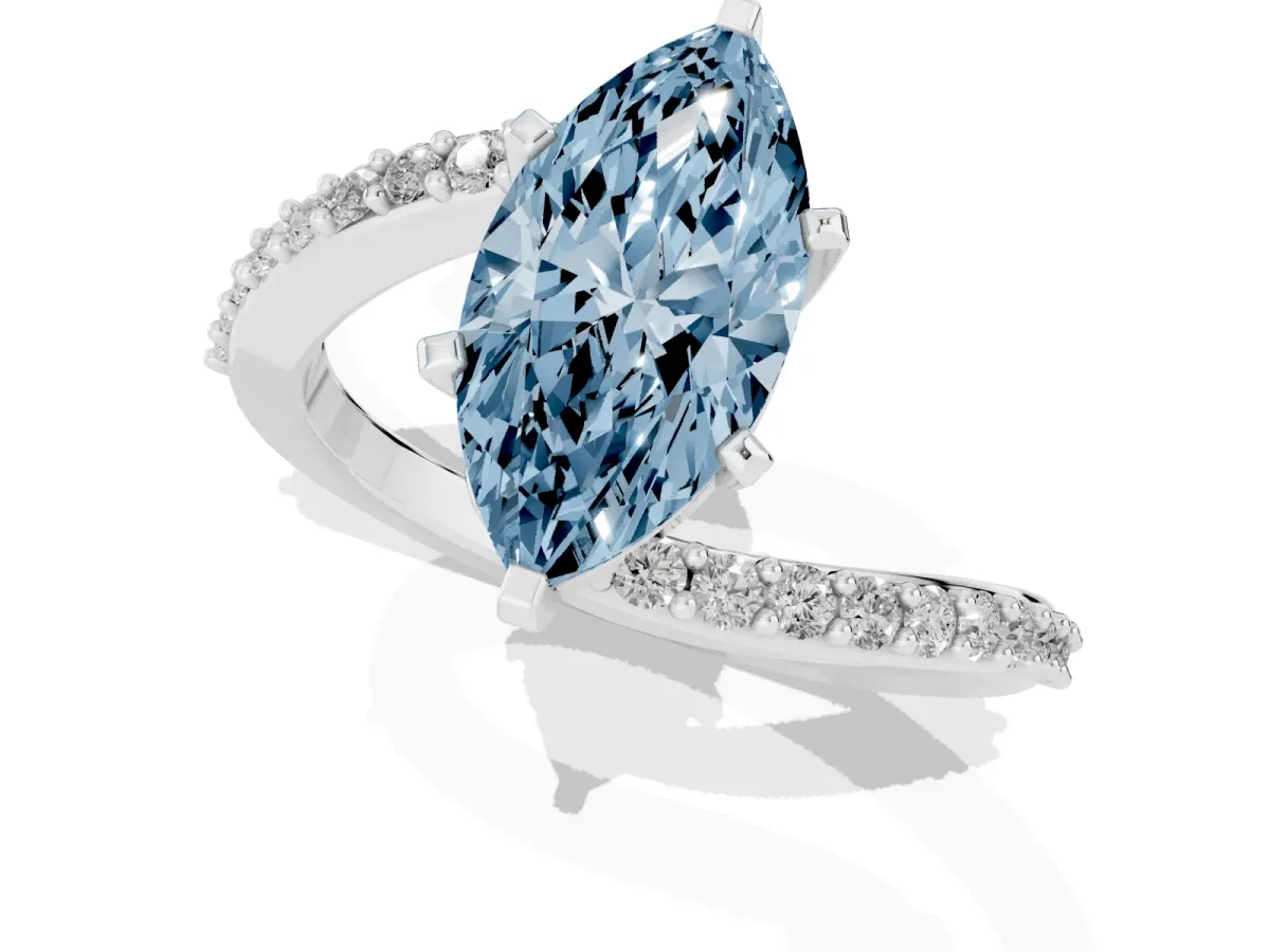 Fancy Blue Marquise Cut Solitaire Twist Band with Pave Set Diamonds and Four-Prong Setting Platinum