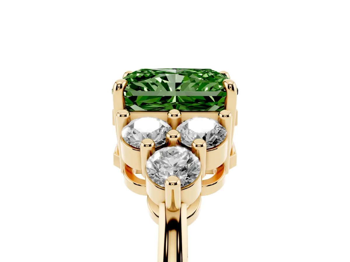 Fancy Green Radiant Cut Brilliant Diamond Cluster Accent Solitaire Ring with Prong Setting Yellow gold