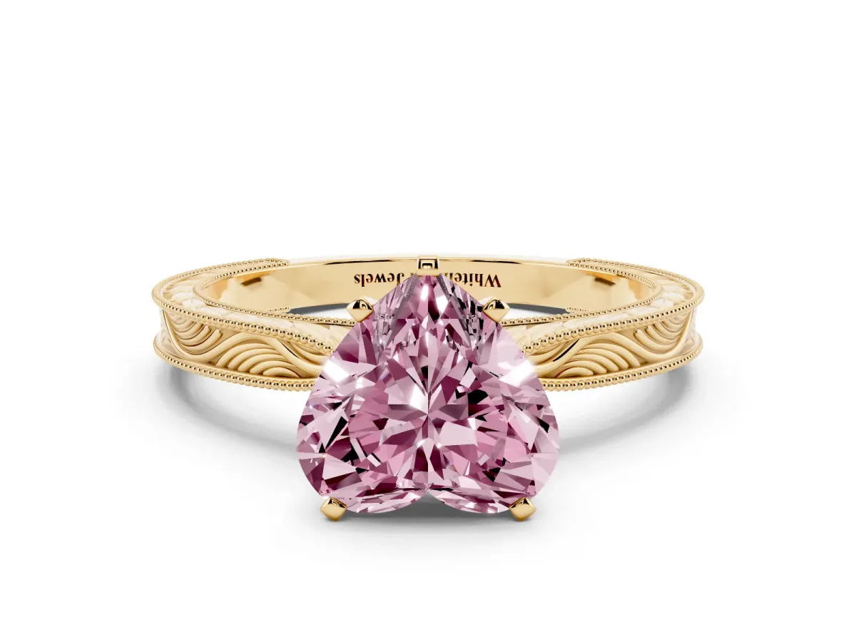 Fancy Pink Heart Cut Solitaire Milgrain Engraved Band with Four-Prong Setting Yellow gold