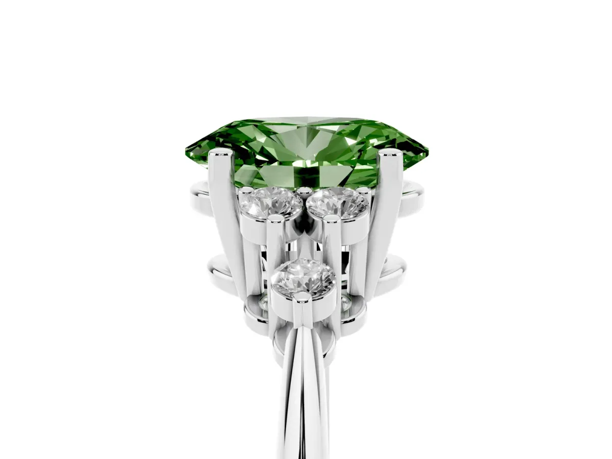 Fancy Green Oval Cut Cut Diamond Cluster Ring with Solitaire Band and Four-Prong Setting Silver