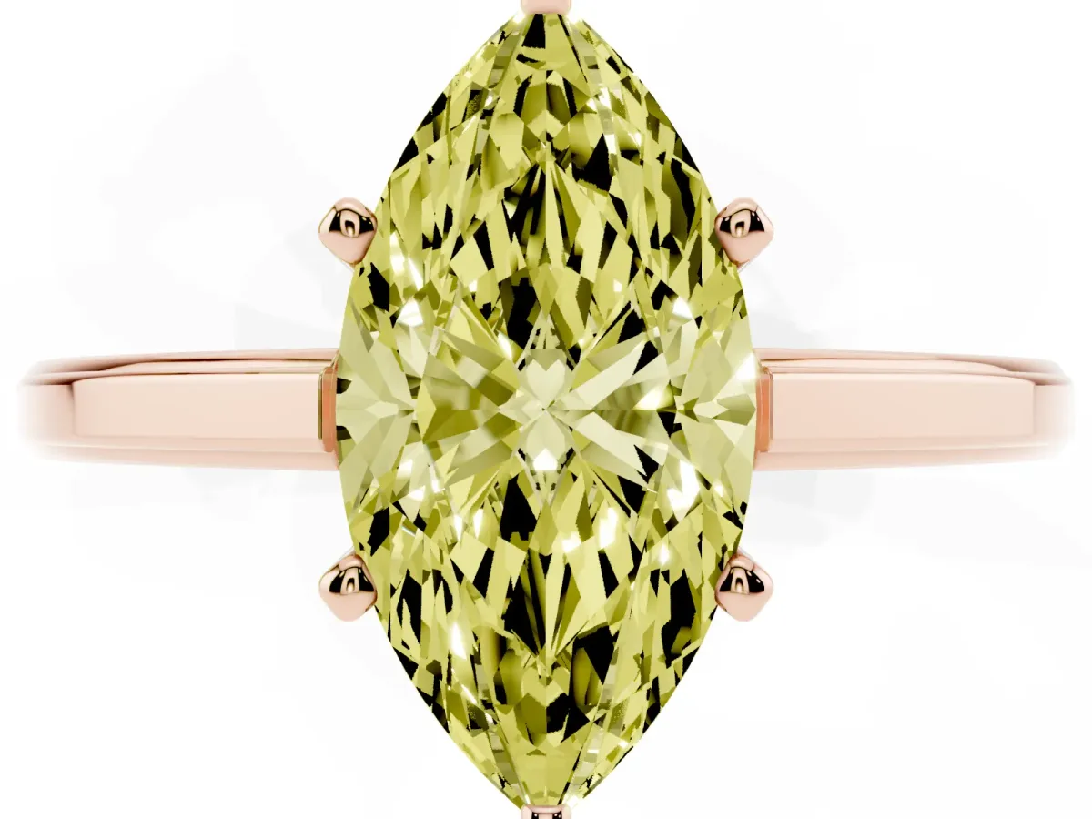 Fancy Yellow Marquise Cut Solitaire Diamond Ring with Four-Prong Setting and Classic Band Rose gold