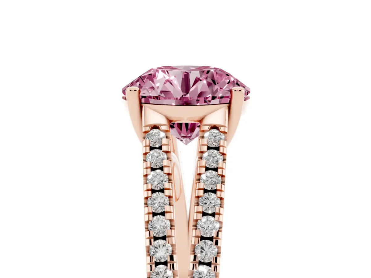 Fancy Pink Round Cut Diamond Solitaire Engagement Ring with Split Shank Pavé Band Rose gold