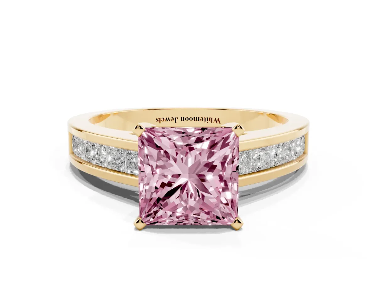Fancy Pink Princess Cut Solitaire Diamond Ring with Channel-Set Band and Four-Prong Setting Yellow gold