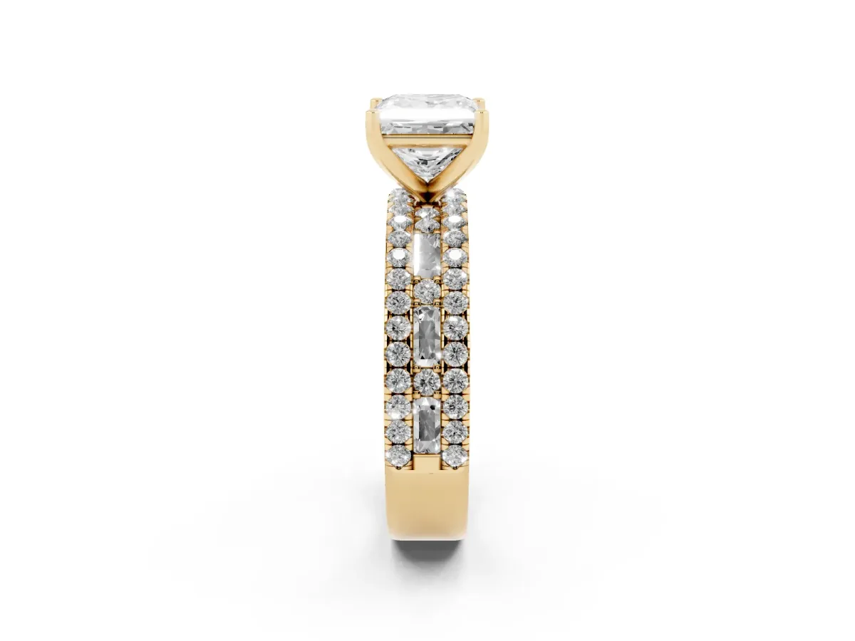 Princess Cut Diamond Solitaire Ring with Pavé and Channel Set Band Yellow gold