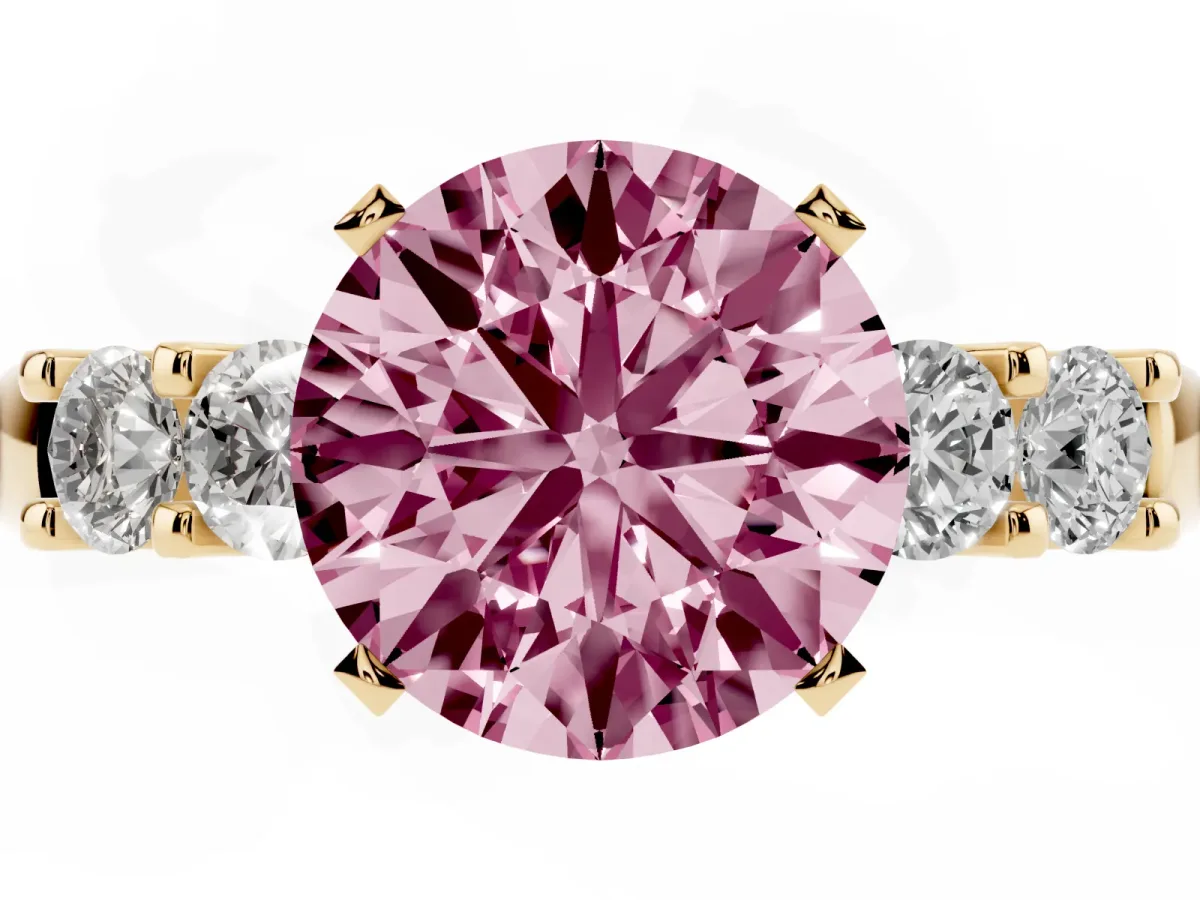 Fancy Pink Round Cut Brilliant Cut Diamond Five-Stone Prong Set Engagement Ring with Channel Band Yellow gold