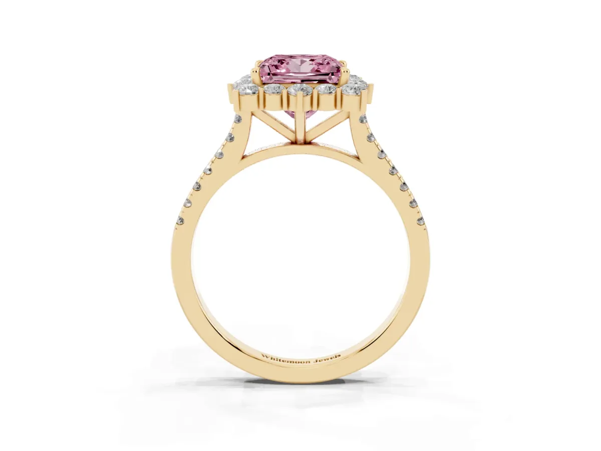 Fancy Pink Princess Cut Halo Diamond Ring with Pavé Band and Prong Setting Yellow gold