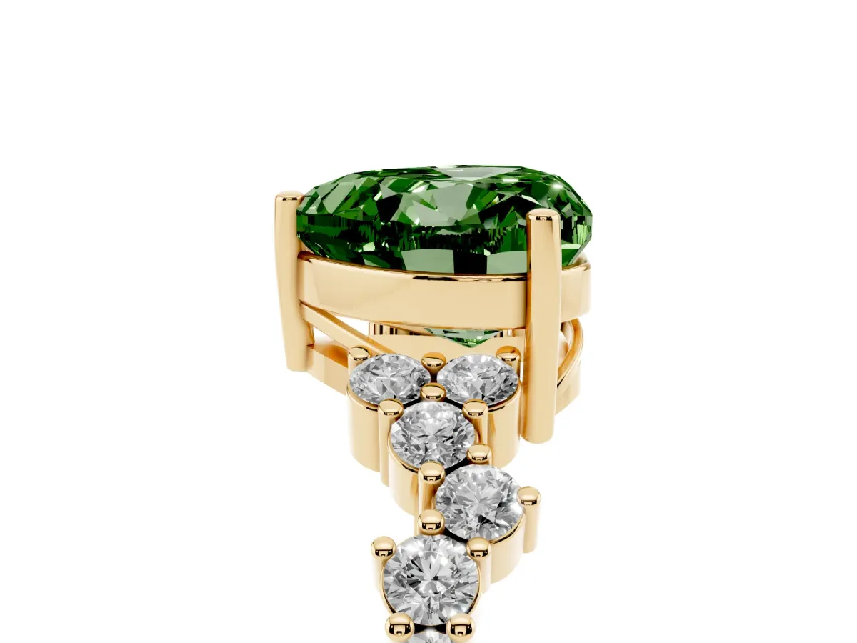 Fancy Green Heart Cut Diamond Scattered Round Accent Ring with Prong Setting Yellow gold