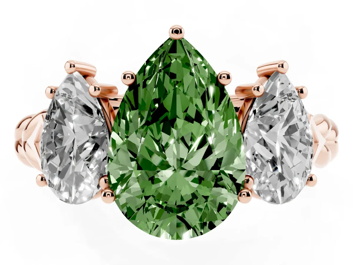 Fancy Green Three-Stone Pear Cut Diamond Braided Band Ring with Four-Prong Setting Rose gold