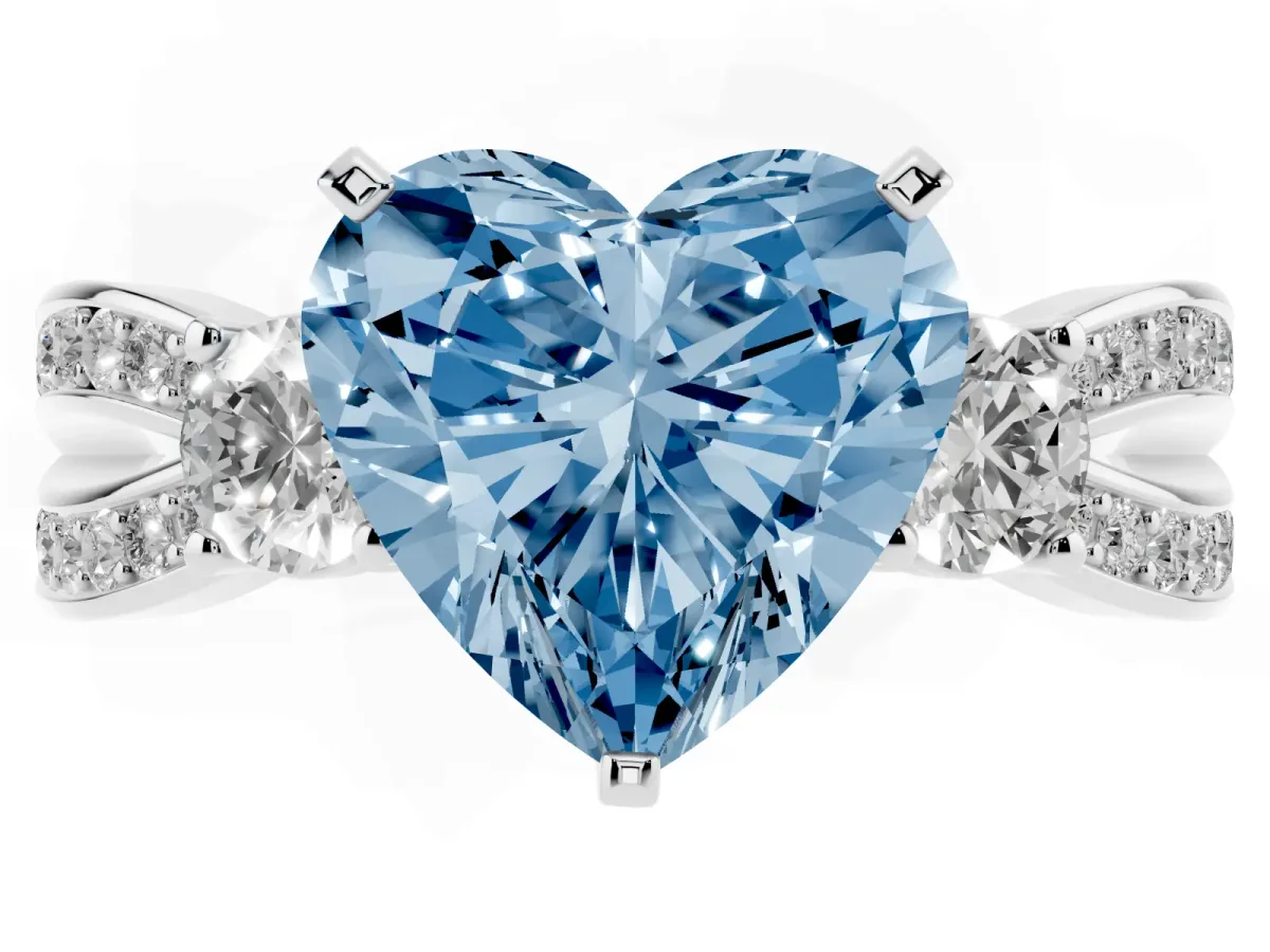 Fancy Blue Three-Stone Heart Cut Cut Diamond Twist Band with Prong Setting Silver