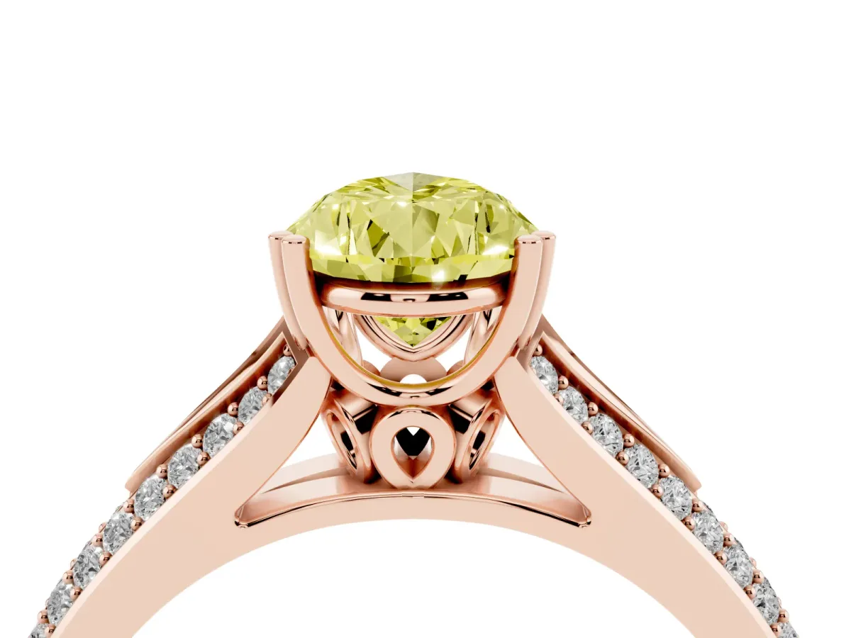 Fancy Yellow Pear Cut Diamond Split Shank Engagement Ring with Pavé Band Rose gold