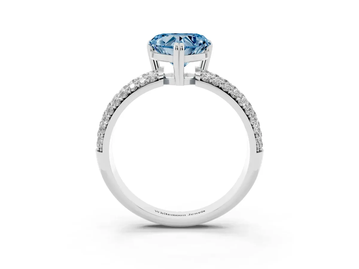 Fancy Blue Heart Cut Diamond Solitaire Ring with Multi-Row Round Pavé Band and Prong Setting Silver