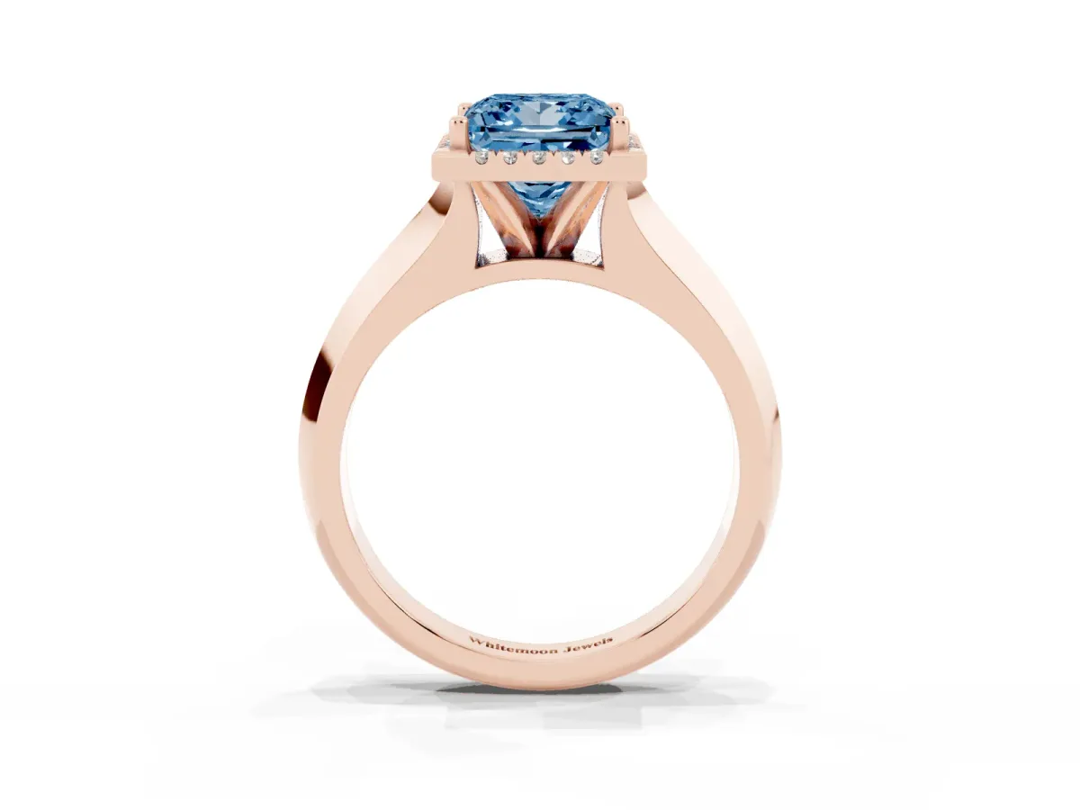 Fancy Blue Princess Cut Halo Diamond Ring with Cathedral Band and Four-Prong Setting Rose gold